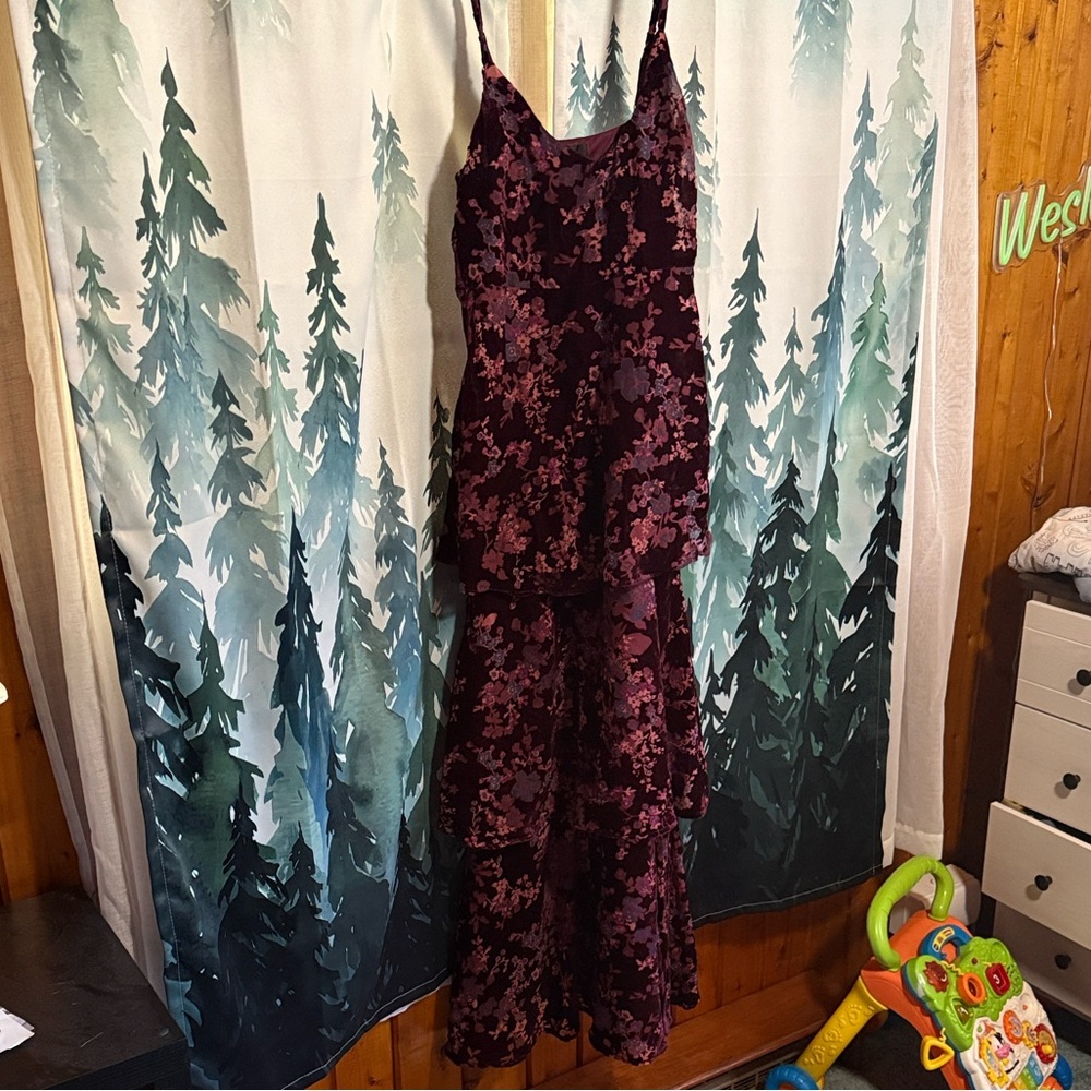 Lulu's Burgundy Velvet Dress with Pink Floral Design